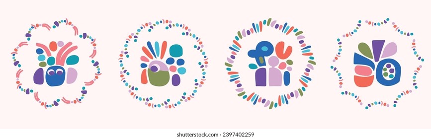 Quirky childrens monster illustration set in wreath cheerful shape style. Flat elements of vector doodles for playful kindergarten minimal art. 