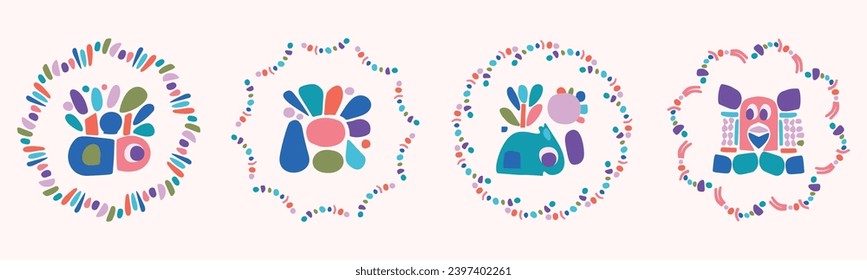 Quirky childrens monster illustration set in wreath cheerful shape style. Flat elements of vector doodles for playful kindergarten minimal art. 