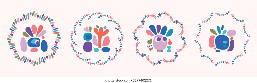Quirky childrens monster illustration set in wreath cheerful shape style. Flat elements of vector doodles for playful kindergarten minimal art. 