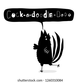 Quirky Cock screaming Cock a Doodle Doo. Black and White Design of a rooster talking. svg