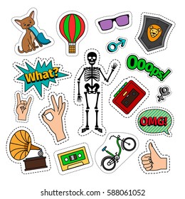 Quirky colorful retro style icons with skeleton and bike and hand signs. Vector badges or patches on white background