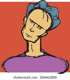 
Quirky colorful sketchy deranged aggressive skate punk face with strange hat staring eyes and tilted shaved head