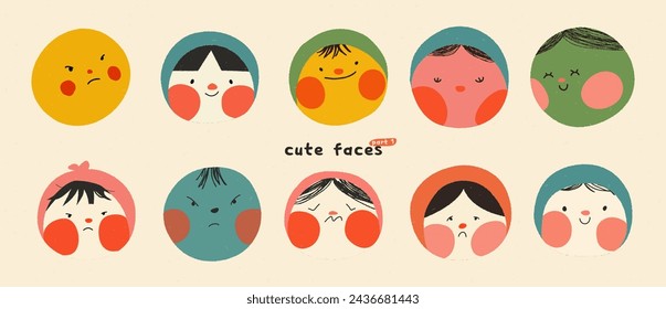 Quirky cute asian avatars in circles. People kids faces with doodles. Abstract vector cartoon. Happy person smile, and sad. Funny trendy characters. 