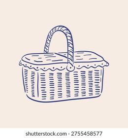 Quirky doodle drawing of summer beach basket. Line art wicker picnic bag. Vector ink illustration