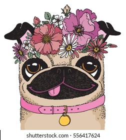 A Quirky Drawing Of A Pug Wearing A Flower Crown. Sketchy Vector Illustration.
