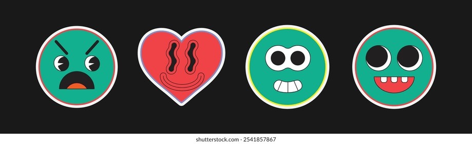 Conjunto de Vector de pegatina de emoji peculiar con cara enojada, corazón sonriente, ojos de Goofy y sonrisa divertida Ideal para expresiones digitales únicas

