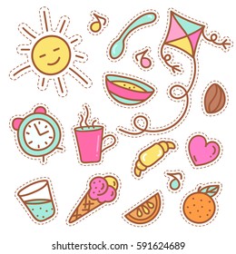 Quirky fashion patches set with food items.