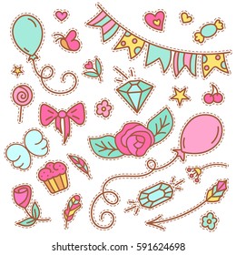 Quirky fashion patches set with food items.