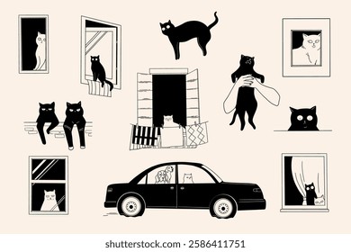 Quirky Feline Moments, Minimalist Cat Illustrations Set 