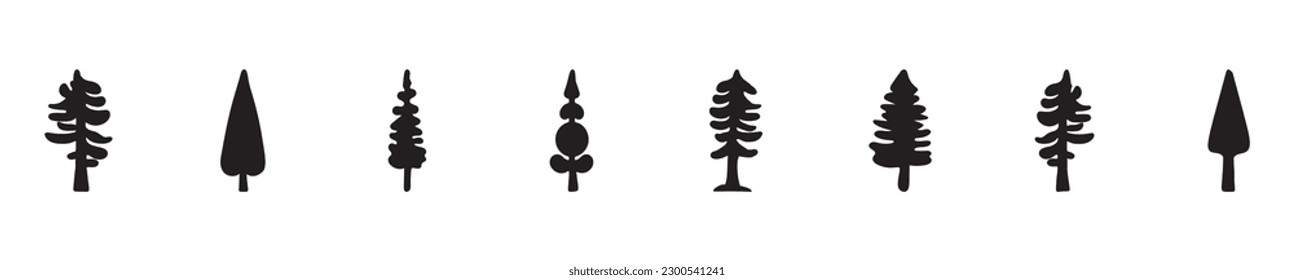 Quirky fir tree scandi linocut vector border. Washi tape design in forest block print style for pine ink sketch graphic. 