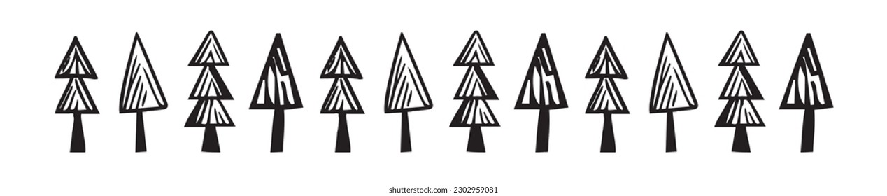 Quirky fir tree scandi linocut vector border. Washi tape design in forest block print style for pine ink sketch graphic. 