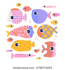 Quirky fish set with geometric patterns. Hand drawn colorful abstract sea animals collection. Cute and strange underwater characters for childish stickers, baby textile and funky marine poster. Vector