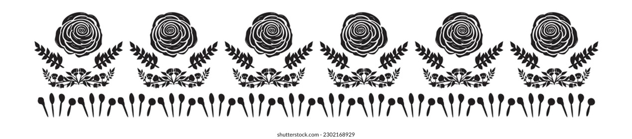 Quirky floral botanic vector border isolated on white background. Scandi cartoon foliage in botanical organic style for whimsical design elements. 