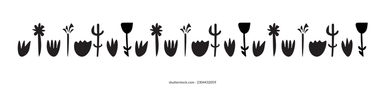 Quirky floral botanic vector border isolated on white background. Scandi cartoon foliage in botanical organic style for whimsical design elements. 