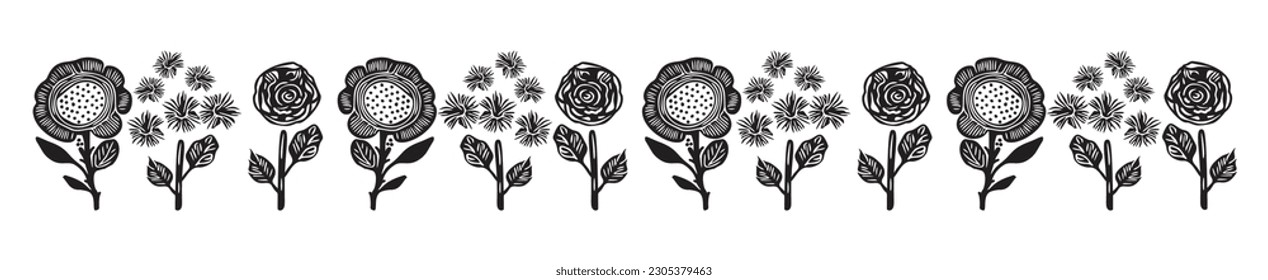 Quirky floral botanic vector border isolated on white background. Scandi cartoon foliage in botanical organic style for whimsical design elements. 
