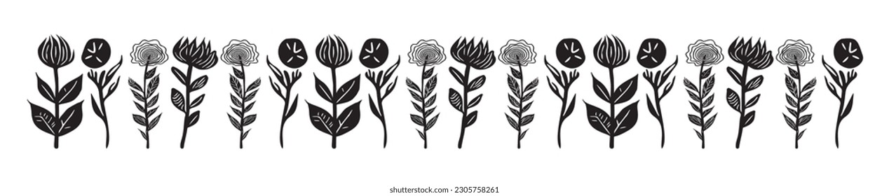 Borde vectorial floral floral y extravagante aislado en fondo blanco. Follaje de dibujos animados escandi en estilo botánico orgánico para elementos de diseño caprichosos. 