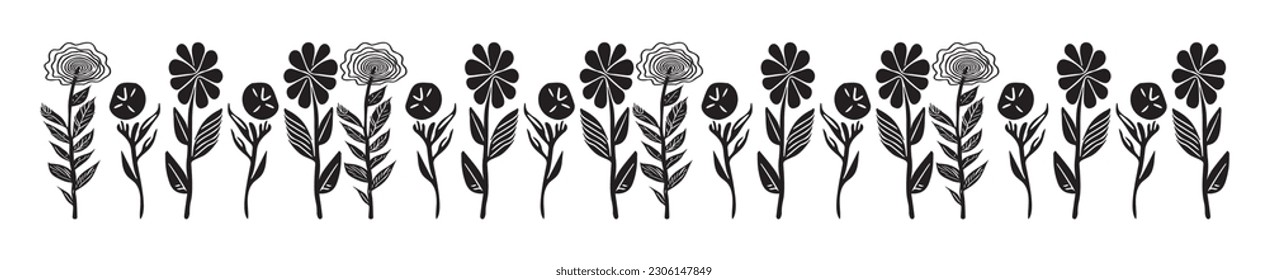 Quirky floral botanic vector border isolated on white background. Scandi cartoon foliage in botanical organic style for whimsical design elements. 