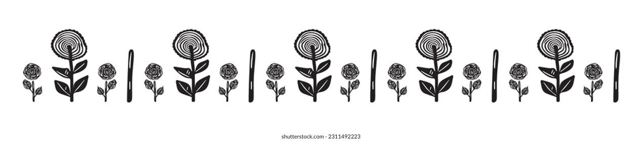 Quirky floral botanic vector border isolated on white background. Scandi cartoon foliage in botanical organic style for whimsical design elements. 