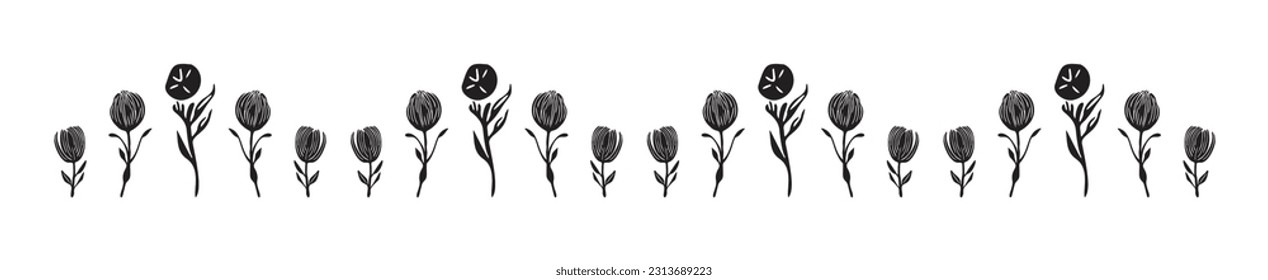 Quirky floral botanic vector border isolated on white background. Scandi cartoon foliage in botanical organic style for whimsical design elements. 