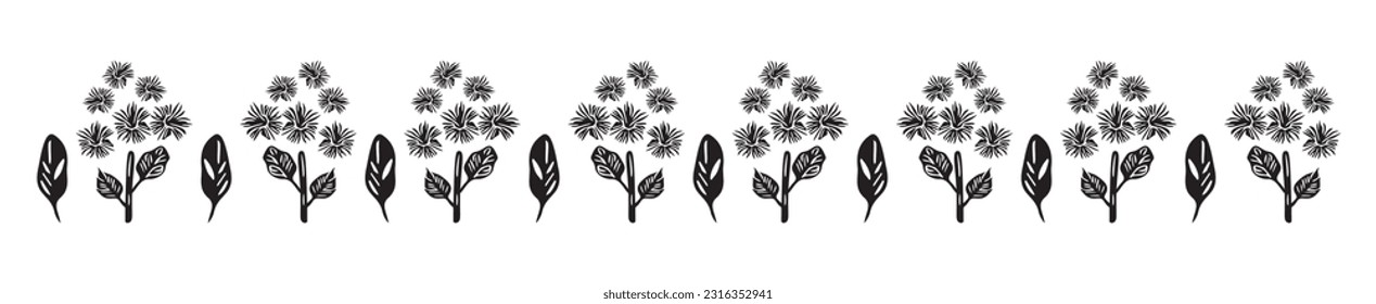 Quirky floral botanic vector border isolated on white background. Scandi cartoon foliage in botanical organic style for whimsical design elements. 