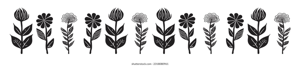 Quirky floral botanic vector border isolated on white background. Scandi cartoon foliage in botanical organic style for whimsical design elements. 