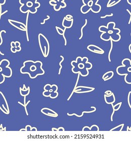 Quirky floral hand-drawn doodle flower shapes seamless pattern design. Fabric and card print.