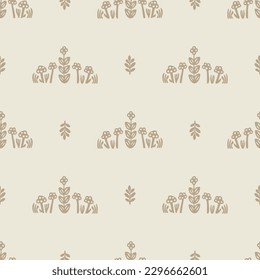 Quirky floral lino cut motif vector pattern. Seamless decoration of whimsical foliate design for scandi background. 