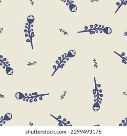 Quirky floral lino cut motif vector pattern. Seamless decoration of whimsical foliate design for modern background