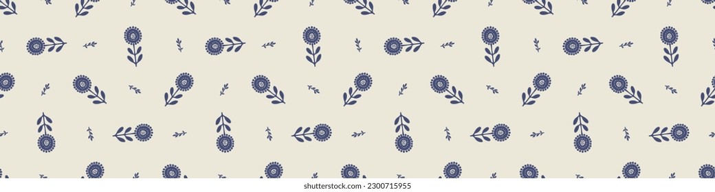 Quirky floral lino cut motif vector border. Seamless decoration of whimsical foliate design for modern banner.