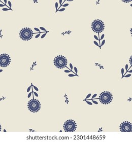 Quirky floral lino cut motif vector pattern. Seamless decoration of whimsical foliate design for modern background