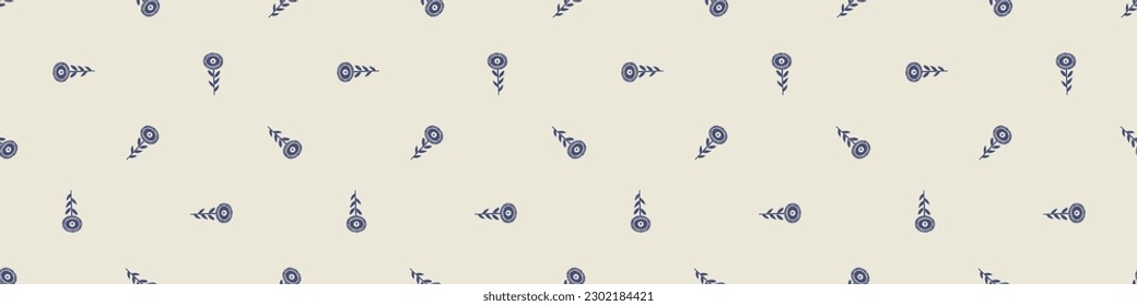 Quirky floral lino cut motif vector border. Seamless decoration of whimsical foliate design for modern banner.