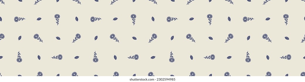 Quirky floral lino cut motif vector border. Seamless decoration of whimsical foliate design for modern banner.