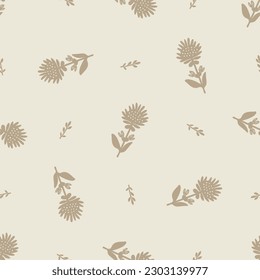 Quirky floral lino cut motif vector pattern. Seamless decoration of whimsical foliate design for scandi background. 