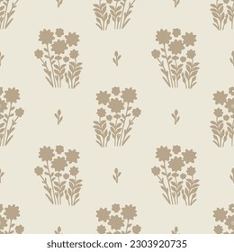 Quirky floral lino cut motif vector pattern. Seamless decoration of whimsical foliate design for scandi background. 