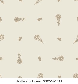 Quirky floral lino cut motif vector pattern. Seamless decoration of whimsical foliate design for scandi background. 
