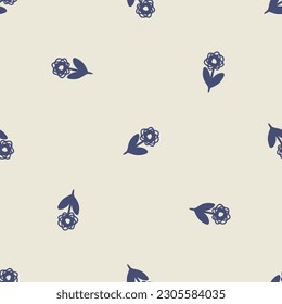 Quirky floral lino cut motif vector pattern. Seamless decoration of whimsical foliate design for modern background