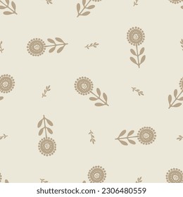 Quirky floral lino cut motif vector pattern. Seamless decoration of whimsical foliate design for scandi background. 