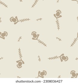 Quirky floral lino cut motif vector pattern. Seamless decoration of whimsical foliate design for scandi background. 
