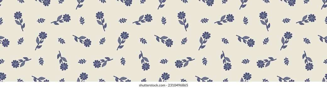 Quirky floral lino cut motif vector border. Seamless decoration of whimsical foliate design for modern banner.