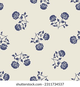 Quirky floral lino cut motif vector pattern. Seamless decoration of whimsical foliate design for modern background