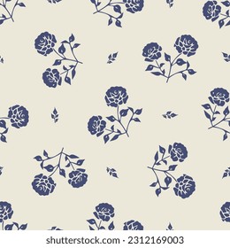 Quirky floral lino cut motif vector pattern. Seamless decoration of whimsical foliate design for modern background