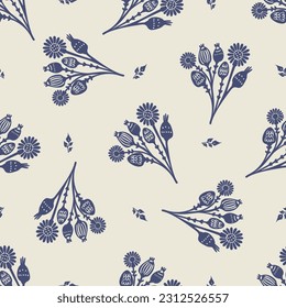 Quirky floral lino cut motif vector pattern. Seamless decoration of whimsical foliate design for modern background