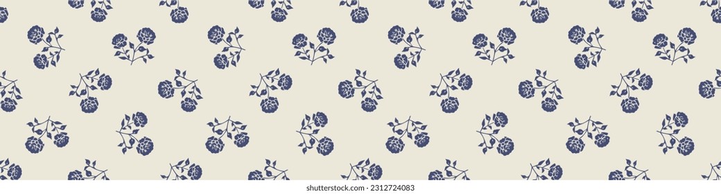 Quirky floral lino cut motif vector border. Seamless decoration of whimsical foliate design for modern banner.
