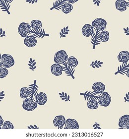 Quirky floral lino cut motif vector pattern. Seamless decoration of whimsical foliate design for modern background