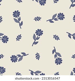 Quirky floral lino cut motif vector pattern. Seamless decoration of whimsical foliate design for modern background
