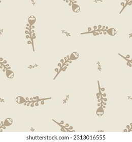 Quirky floral lino cut motif vector pattern. Seamless decoration of whimsical foliate design for scandi background. 