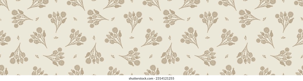 Quirky floral lino cut motif vector border. Seamless decoration of whimsical foliate design for scandi banner. 