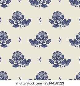 Quirky floral lino cut motif vector pattern. Seamless decoration of whimsical foliate design for modern background