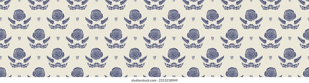 Quirky floral lino cut motif vector border. Seamless decoration of whimsical foliate design for modern banner.