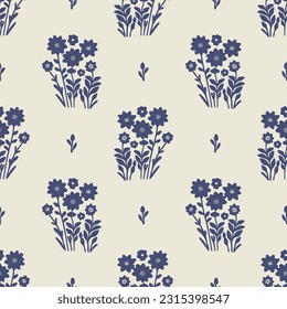 Quirky floral lino cut motif vector pattern. Seamless decoration of whimsical foliate design for modern background